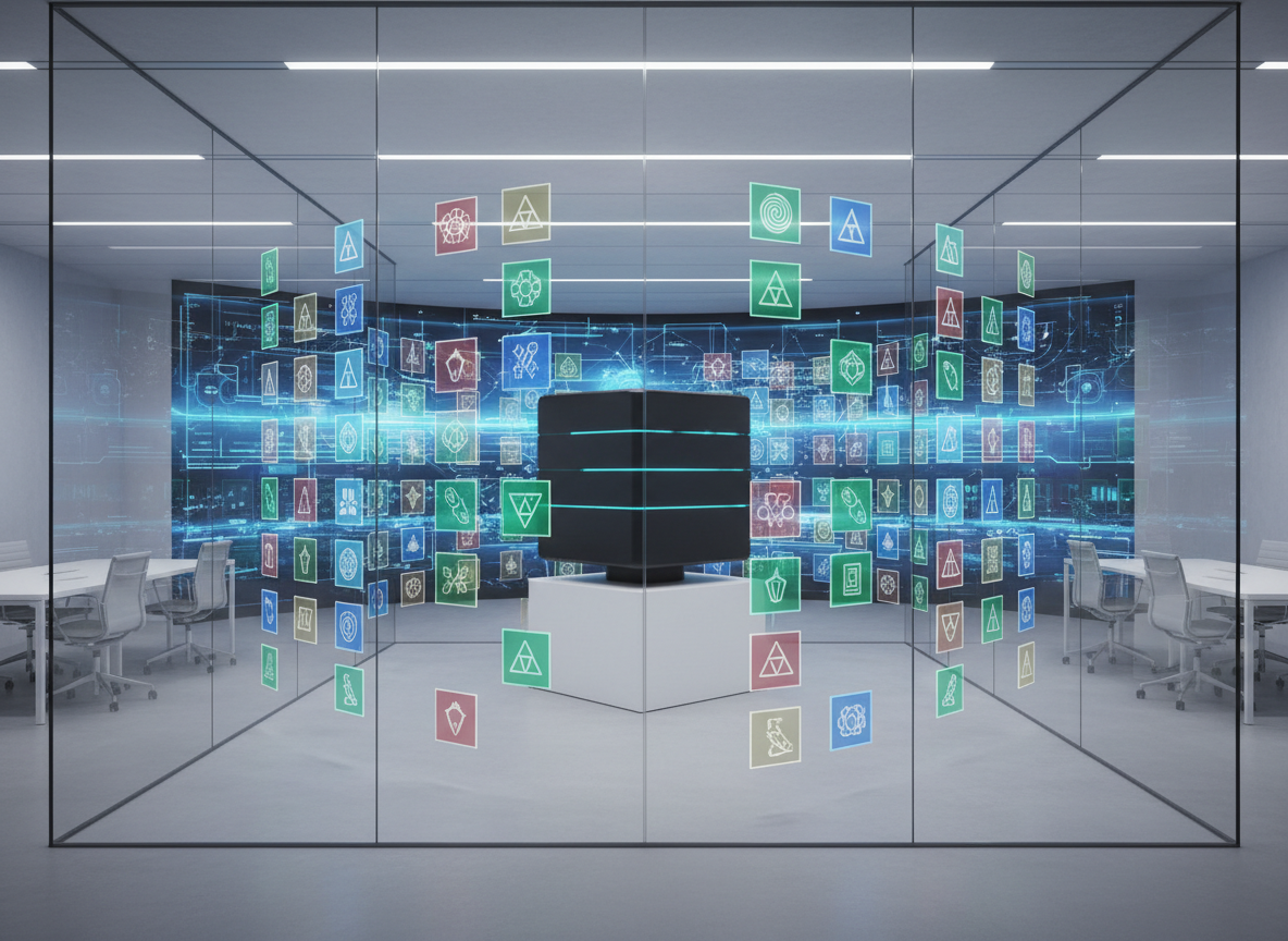 A sleek, glass-walled control hub filled with floating holographic tiles, each tile representing a different AI agent as a distinct geometric icon and color-coded card. In the center rests a polished matte-black server cube with subtle cyan light strips pulsing gently. The hub is set within a minimal, open tech workspace with clean white surfaces and a panoramic digital dashboard stretching across the background. Cool, diffused studio lighting and soft screen glow create crisp reflections on the glass while keeping shadows gentle and controlled. Photographic realism with an eye-level, wide-angle composition emphasizes clarity and organization, conveying a professional, trustworthy atmosphere ideal for an AI agent directory homepage.